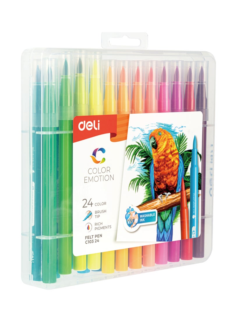 Deli EC10324 COLOR EMOTION Washable Felt Pen Set, 24 Colors, Soft Brush Tip 1.0-8mm, Bright & Non-Toxic - Image 2