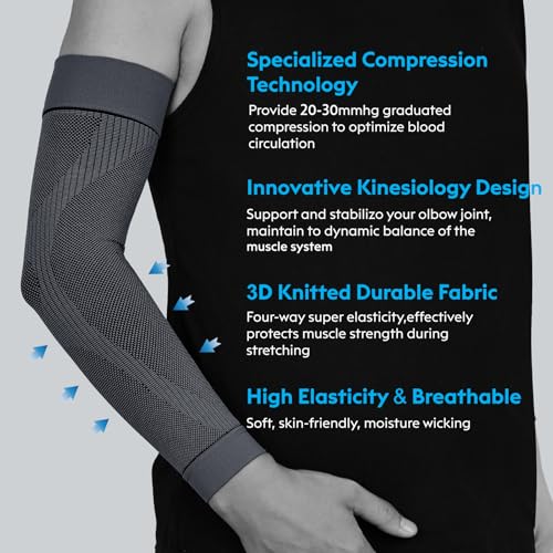 KEKING® Compression Arm Sleeves, Pair, Firm 20-30mmHg Graduated Compression Full Arm Support for Recovery, Pain Relief, Tendonitis, Golfers & Tennis Elbow Brace, Workouts Sports - Latex Free Grey S - Image 3