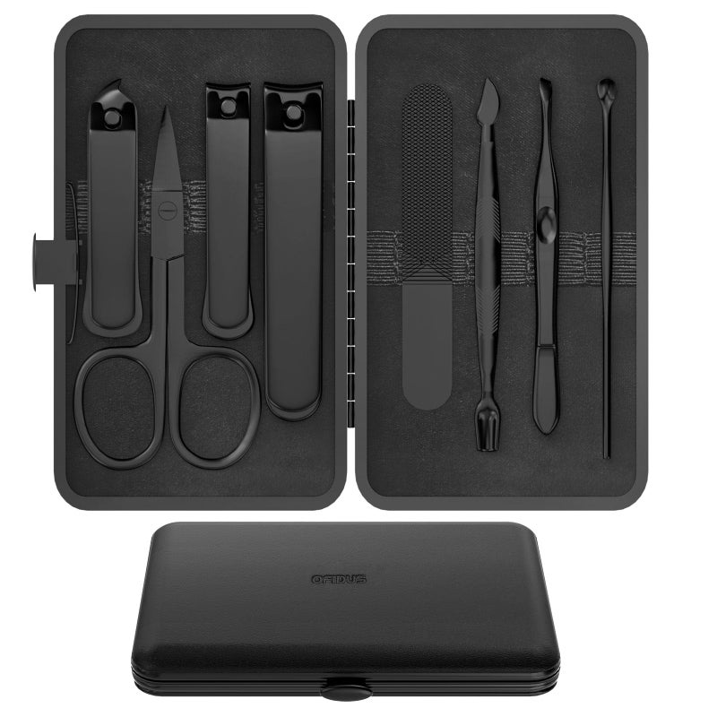 OFIDUS Precision 8 Pieces Menâ€™s Nail Grooming Travel Kit, Stainless Steel Manicure Set with Fingernail & Toenail Clippers, Nail File, Slant Tip Tweezers, Cuticle Scissors, Cuticle Pusher, Travel Case - Image 1