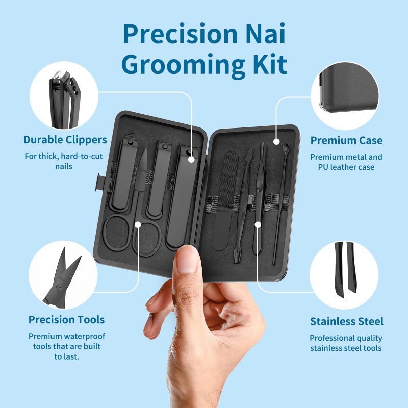 OFIDUS Precision 8 Pieces Menâ€™s Nail Grooming Travel Kit, Stainless Steel Manicure Set with Fingernail & Toenail Clippers, Nail File, Slant Tip Tweezers, Cuticle Scissors, Cuticle Pusher, Travel Case - Image 2