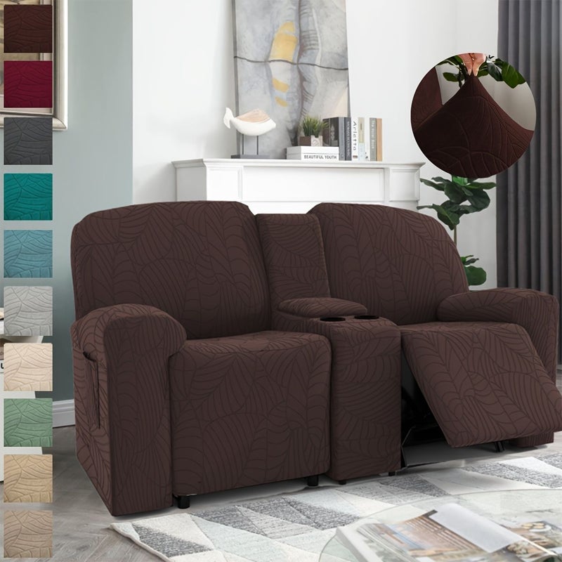 6pcs Set Dark Coffee High Elasticity Jacquard Leaf Texture Recliner Sofa Cover With Central Console Protector And Pockets Spandex Soft Removable Washable Recliner Protector Suitable For Home Hotel - Image 1