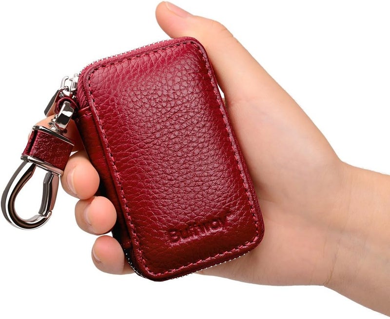 Buffway Car Key Chain Bag,Genuine Leather Car Keychain Coin Holder Metal Hook and Keyring Wallet Zipper Case for Auto Remote Key Fob - Cherry - Image 3
