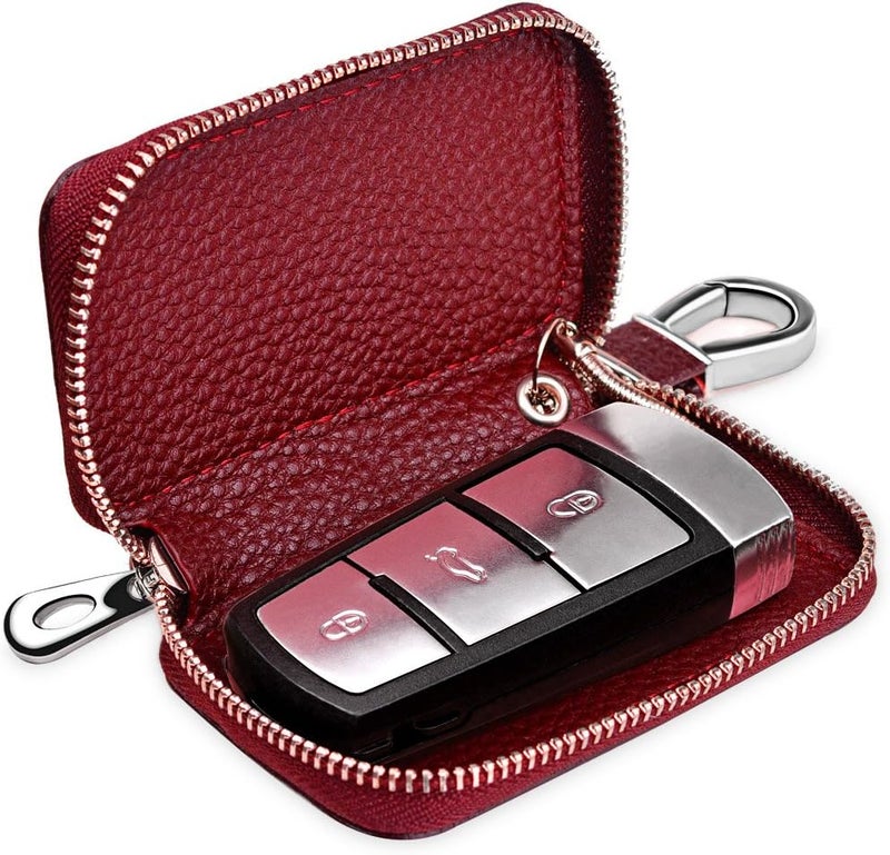Buffway Car Key Chain Bag,Genuine Leather Car Keychain Coin Holder Metal Hook and Keyring Wallet Zipper Case for Auto Remote Key Fob - Cherry - Image 2
