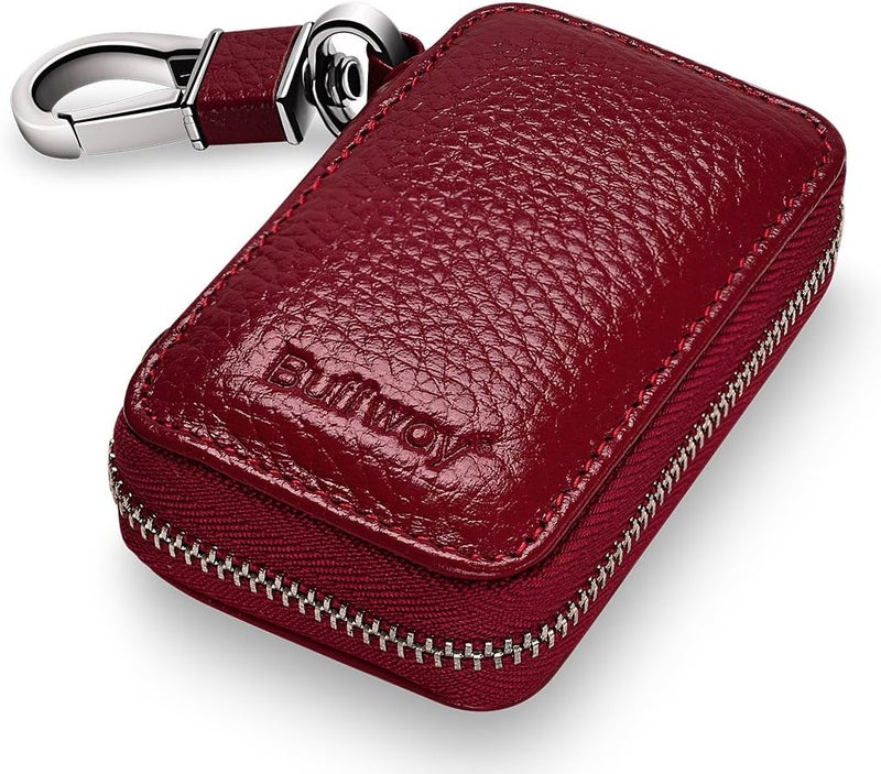 Buffway Car Key Chain Bag,Genuine Leather Car Keychain Coin Holder Metal Hook and Keyring Wallet Zipper Case for Auto Remote Key Fob - Cherry - Image 1