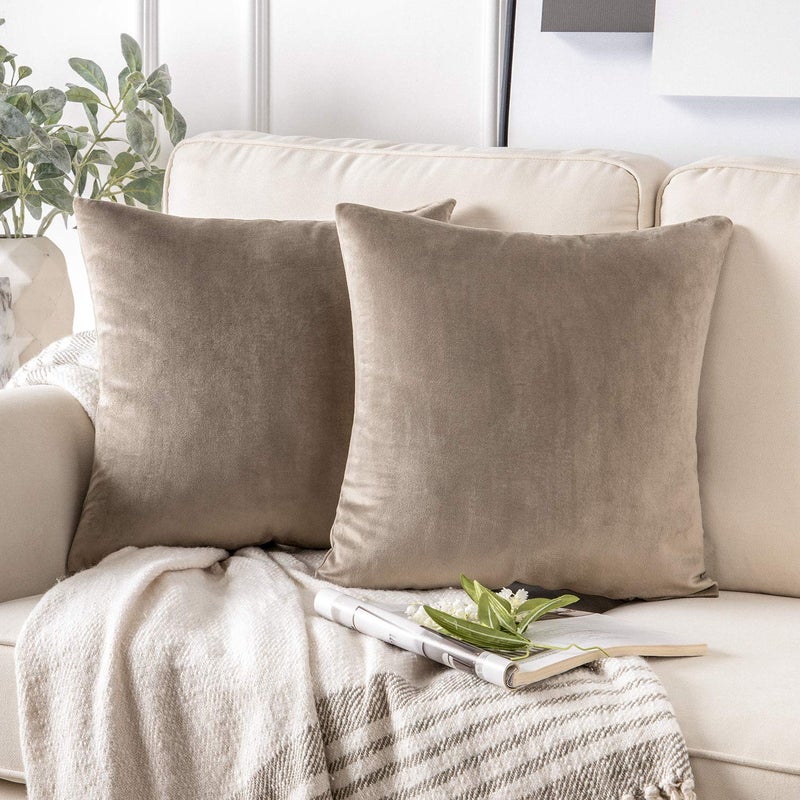 Phantoscope Pack of 2 Velvet Decorative Throw Decorative Pillow Cover Soft Solid Square Cushion Case for Couch Taupe 22 x 22 inches 55 x 55 cm - Image 1