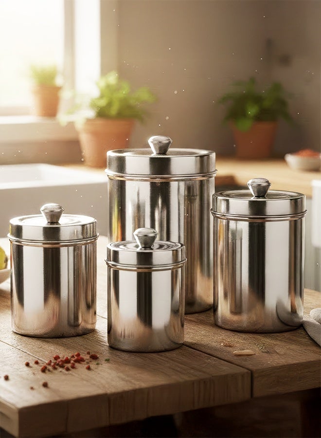 كادي ون طقم علب بهارات ستانلس ستيل بأحجام مختلفة (7-8-9-11) سم مع أغطية محكمة الإغلاق لحفظ التوابل و السكر و المكسرات، علب تخزين المكسرات من 4 قطع تصميم مقاوم للصدأ وسهل التنظيف - Image 1