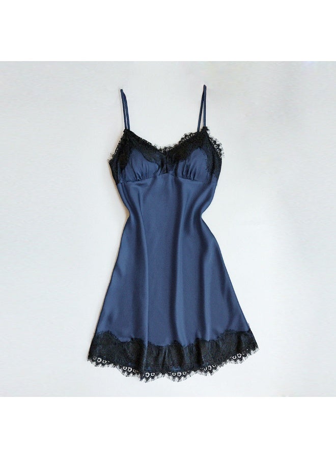 Women's V-Neck Lace Trim Spaghetti Straps Nightdress  Blue