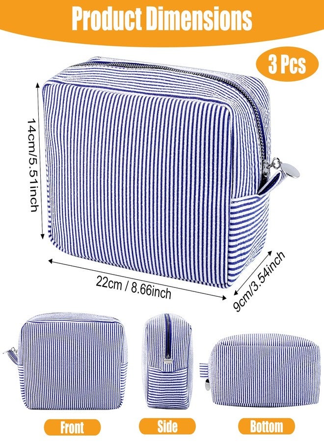 Loccmat 3 Pack Seersucker Makeup Bag, Striped Cosmetic Bag with Zipper, Large Travel Toiletry Storage Pouch for Women,Bridesmaid, Wedding Gifts, 8.7 x 5.5 x 3.5 Inch(Pink, Blue, Green) - Image 2