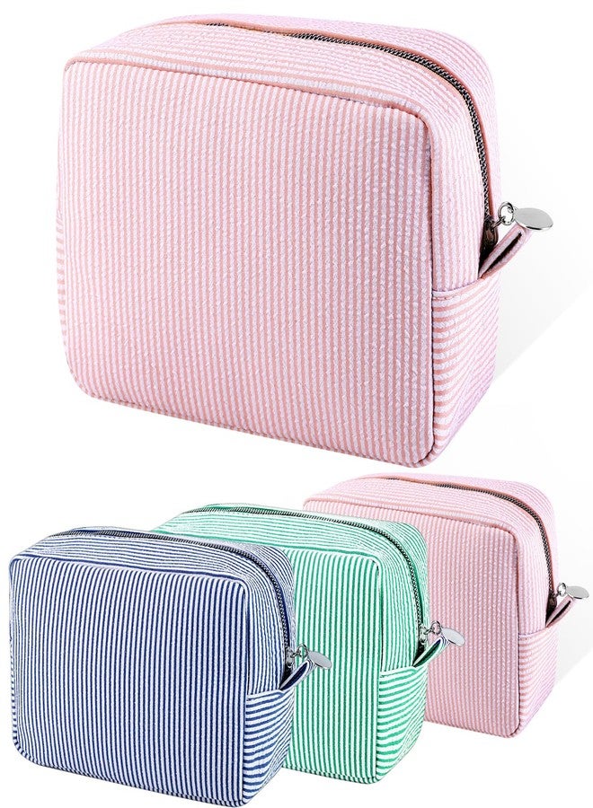 Loccmat 3 Pack Seersucker Makeup Bag, Striped Cosmetic Bag with Zipper, Large Travel Toiletry Storage Pouch for Women,Bridesmaid, Wedding Gifts, 8.7 x 5.5 x 3.5 Inch(Pink, Blue, Green) - Image 1