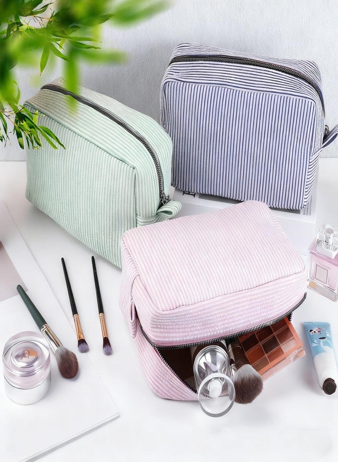 Loccmat 3 Pack Seersucker Makeup Bag, Striped Cosmetic Bag with Zipper, Large Travel Toiletry Storage Pouch for Women,Bridesmaid, Wedding Gifts, 8.7 x 5.5 x 3.5 Inch(Pink, Blue, Green) - Image 3