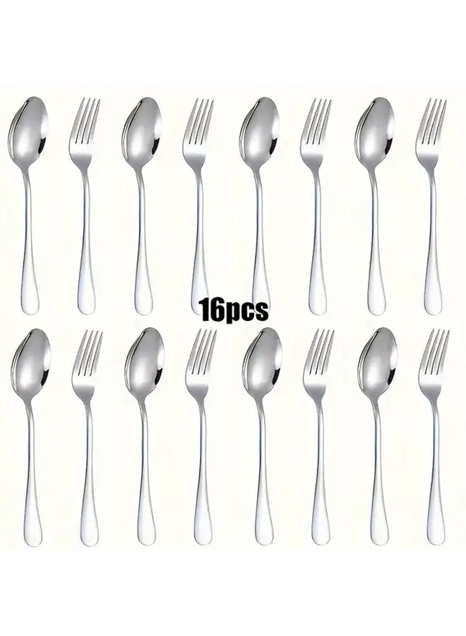 16 Piece Silvery Stainless Steel Fork and Spoon Set Dishwasher Safe - Image 1
