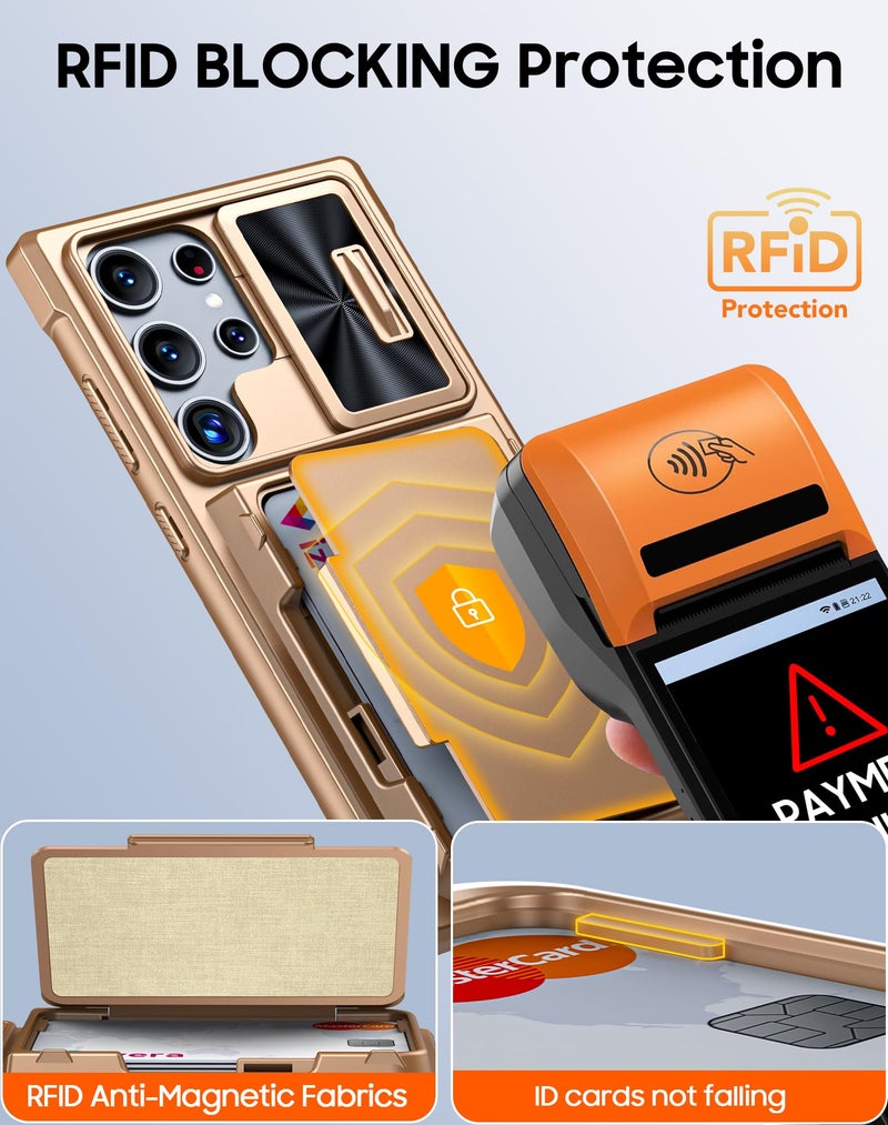 Vizvera for Samsung Galaxy S24 Ultra Case Wallet, RFlD Cards Holder & Camera Cover & Kickstand for Women Men, Full Body Rugged Shockproof Silicone Case for S24 Ultra 6.8" 2024 Only-Champagne Gold - Image 3