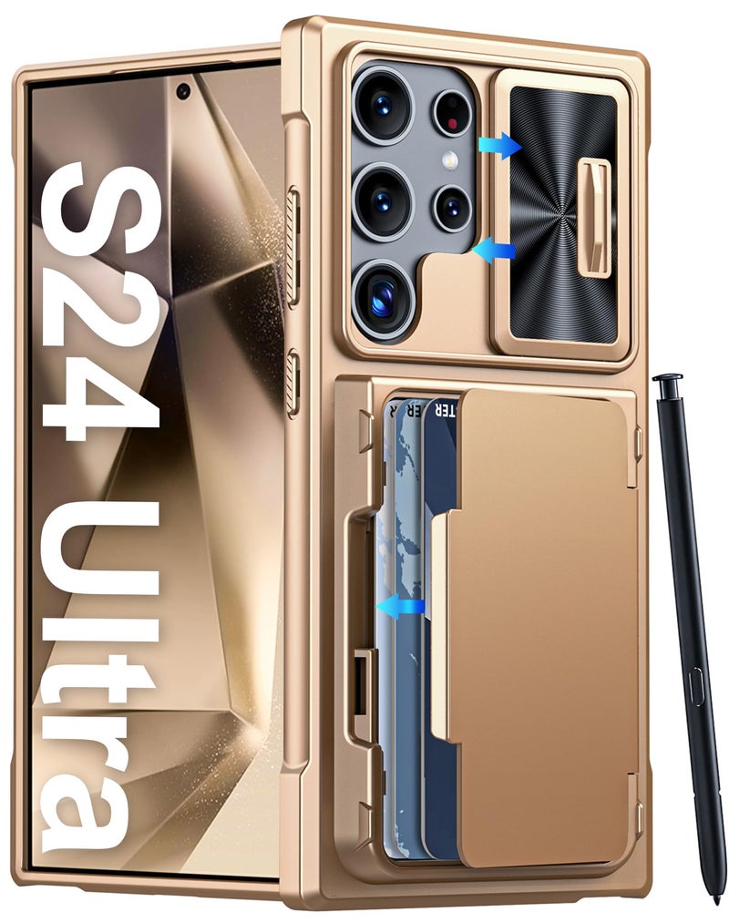 Vizvera for Samsung Galaxy S24 Ultra Case Wallet, RFlD Cards Holder & Camera Cover & Kickstand for Women Men, Full Body Rugged Shockproof Silicone Case for S24 Ultra 6.8" 2024 Only-Champagne Gold - Image 1