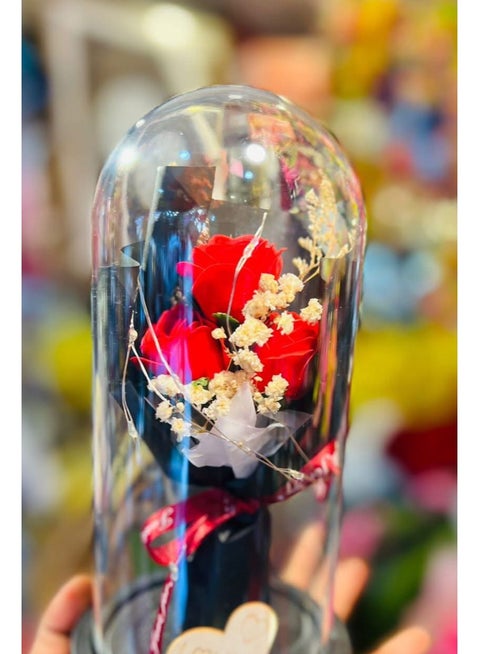 Artificial flowers, rose bouquet in a glass dome with LED lights, gift of artificial flowers in a glass dome,