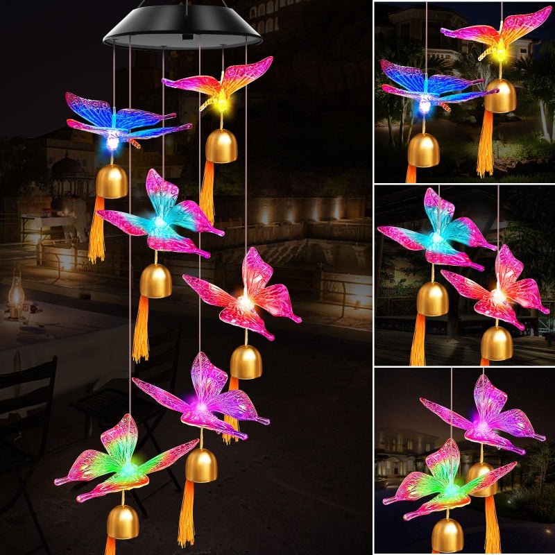 WENANA WENANA Purple Butterfly Bell Solar Wind Chimes Color Changing Lights Outdoor Best Gifts for Mom Grandma Women Wife Aunt Sister Unique Mobile Wind Chime Mothers Day Yard Decor