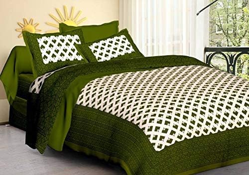 ART WORLD Queen Size Double Bed Sheet with Pillow Covers Pure Cotton Jaipuri Traditional Printed Bedcover Green - Image 2