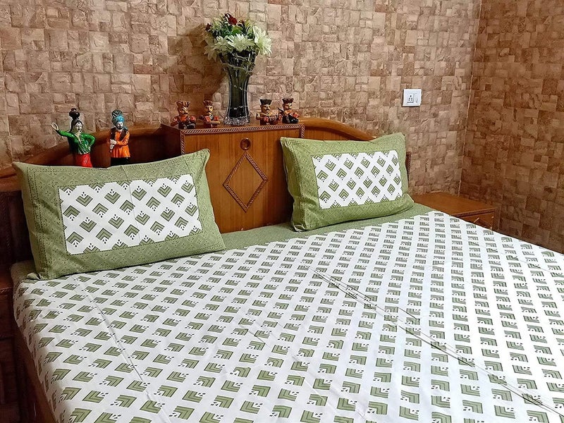 ART WORLD Queen Size Double Bed Sheet with Pillow Covers Pure Cotton Jaipuri Traditional Printed Bedcover Green - Image 5