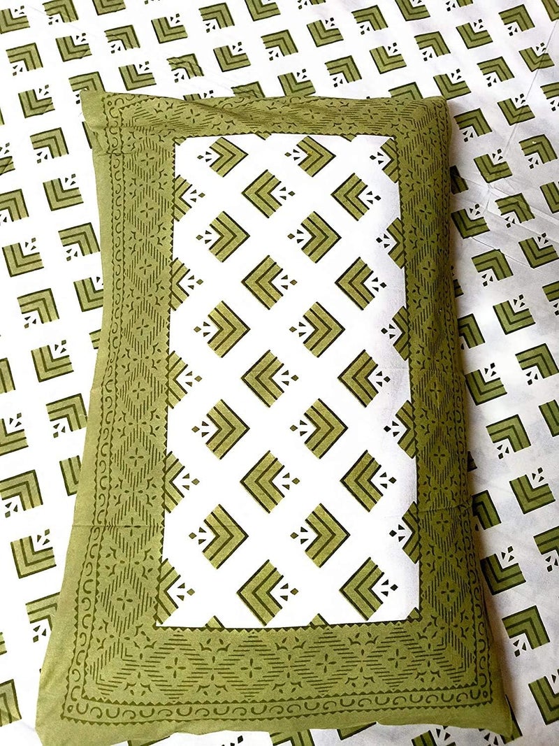 ART WORLD Queen Size Double Bed Sheet with Pillow Covers Pure Cotton Jaipuri Traditional Printed Bedcover Green - Image 3