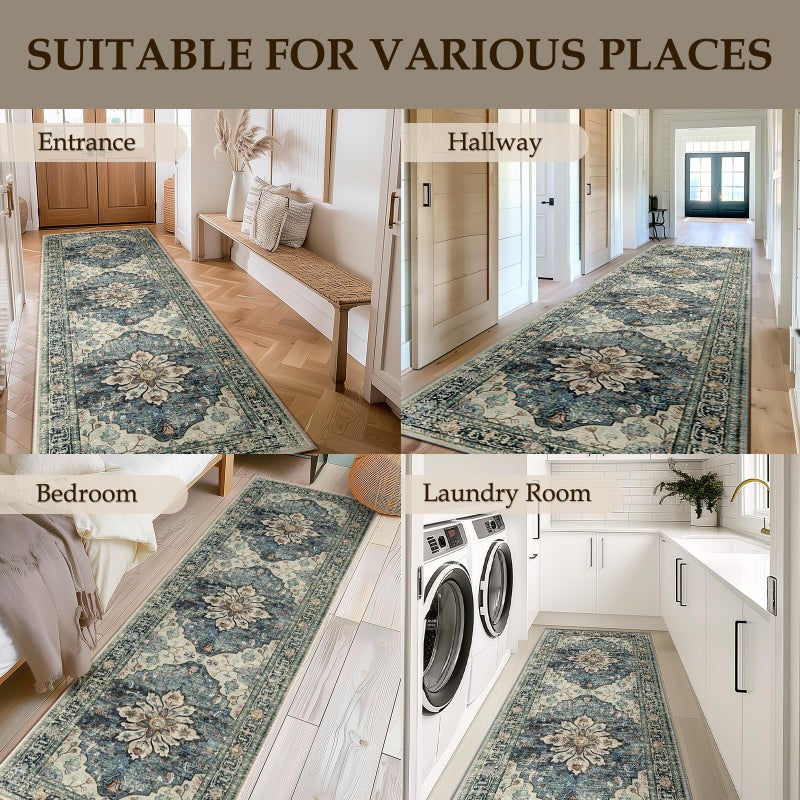 RELEANY 2x6 Runner Rug  Area Rugs 2x6  Washable Rug Non-Slip  Kitchen Rugs  Entryway Rug  Rug Runners for Hallways  Vintage Rugs Boho Floral Medallion  Low Pile  Soft  Blue Navy Beige Gray - Image 3