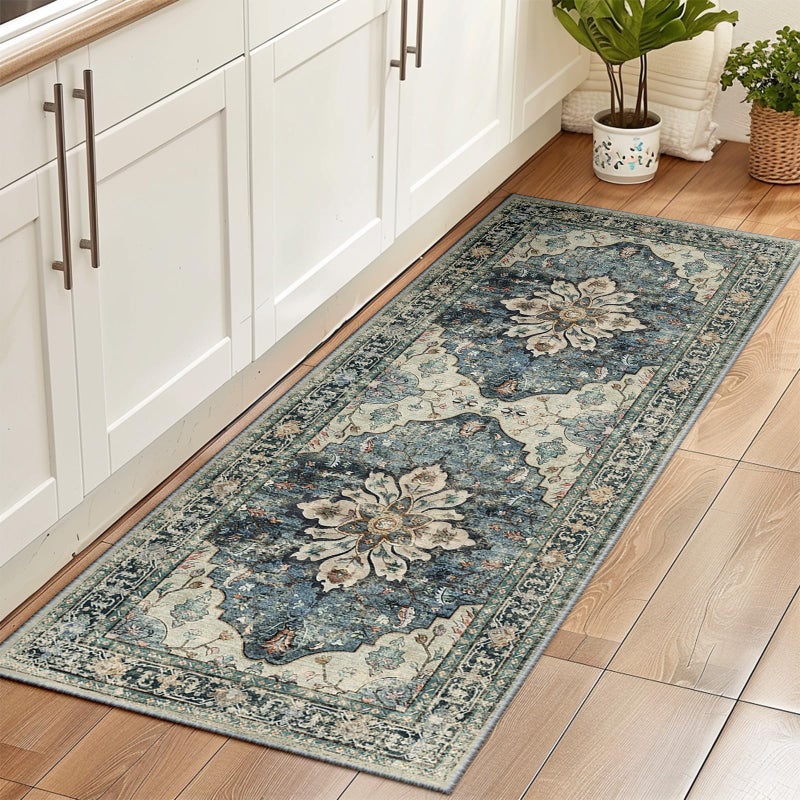 RELEANY 2x6 Runner Rug  Area Rugs 2x6  Washable Rug Non-Slip  Kitchen Rugs  Entryway Rug  Rug Runners for Hallways  Vintage Rugs Boho Floral Medallion  Low Pile  Soft  Blue Navy Beige Gray - Image 1