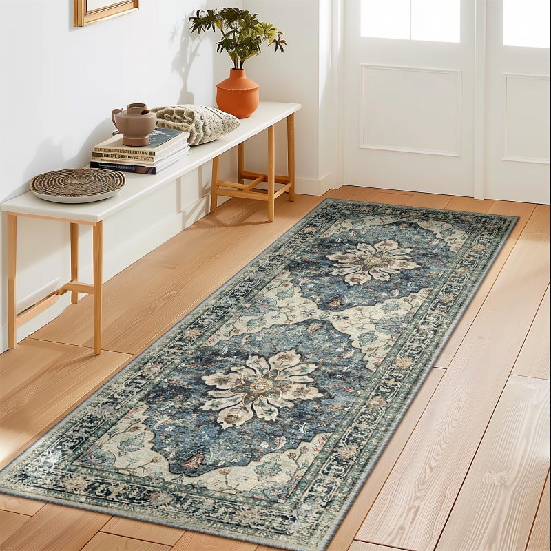 RELEANY 2x6 Runner Rug  Area Rugs 2x6  Washable Rug Non-Slip  Kitchen Rugs  Entryway Rug  Rug Runners for Hallways  Vintage Rugs Boho Floral Medallion  Low Pile  Soft  Blue Navy Beige Gray - Image 2