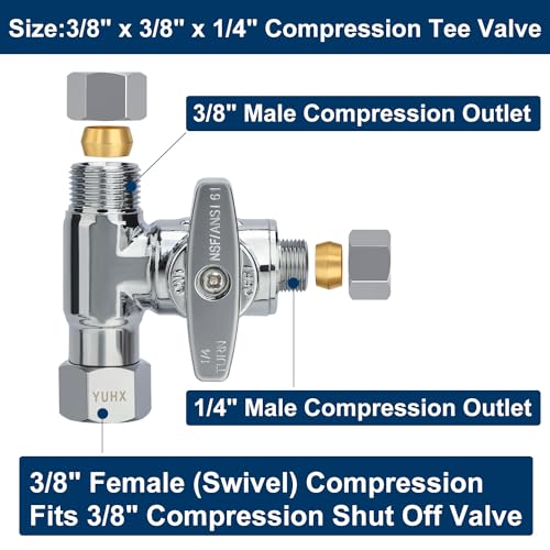 YUHX Brass Angle Stop Add-A-Tee Valve, 3/8 x 3/8 x 1/4 Compression Tee Valve,Feed Water Adapter for Refrigerators, Ice maker, Reverse Osmosis,RO Water Filter Systems, 3 Way Diverter Water Line Splitter - Image 2