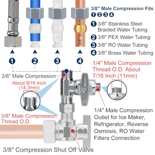 YUHX Brass Angle Stop Add-A-Tee Valve, 3/8 x 3/8 x 1/4 Compression Tee Valve,Feed Water Adapter for Refrigerators, Ice maker, Reverse Osmosis,RO Water Filter Systems, 3 Way Diverter Water Line Splitter - Image 5