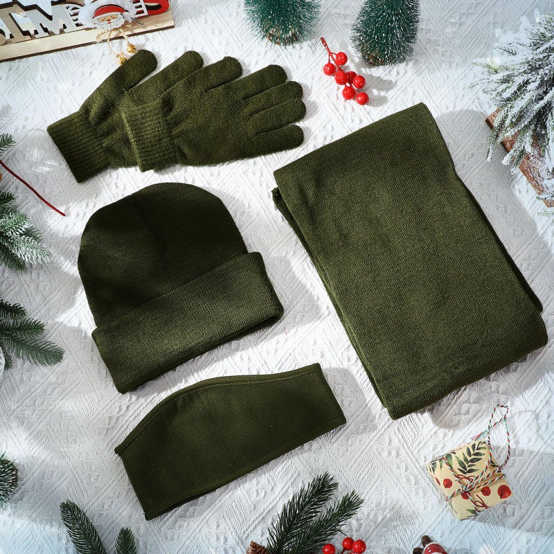 Breathffy 4 Pcs Winter Hat Scarf Gloves Headband Set Knit Beanie Touch Screen Gloves Long Scarf Valentine Gift for Women Men(Minimalist Style,Army Green) - Image 4