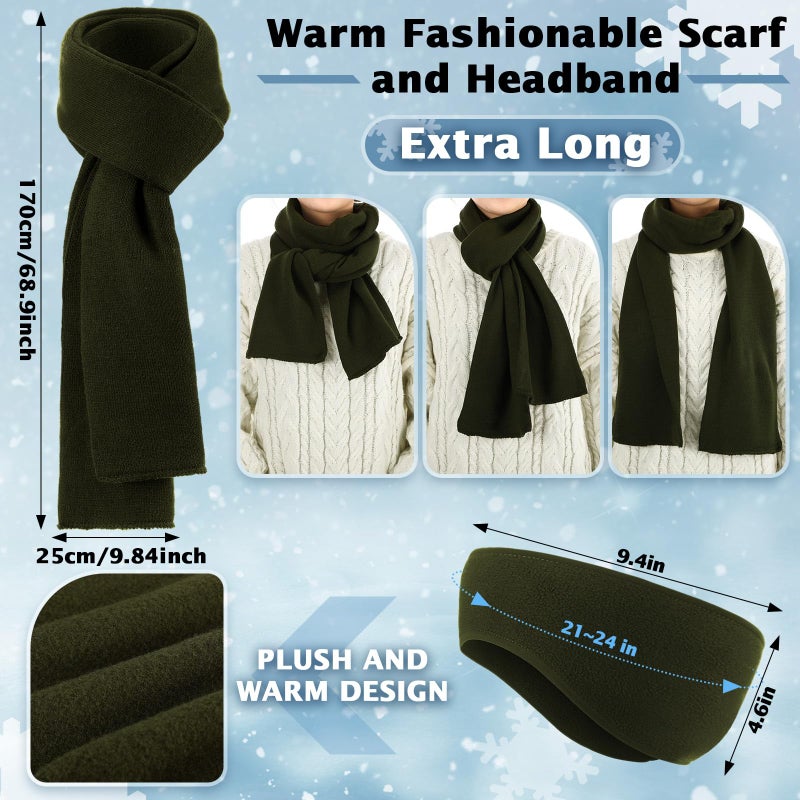 Breathffy 4 Pcs Winter Hat Scarf Gloves Headband Set Knit Beanie Touch Screen Gloves Long Scarf Valentine Gift for Women Men(Minimalist Style,Army Green) - Image 3