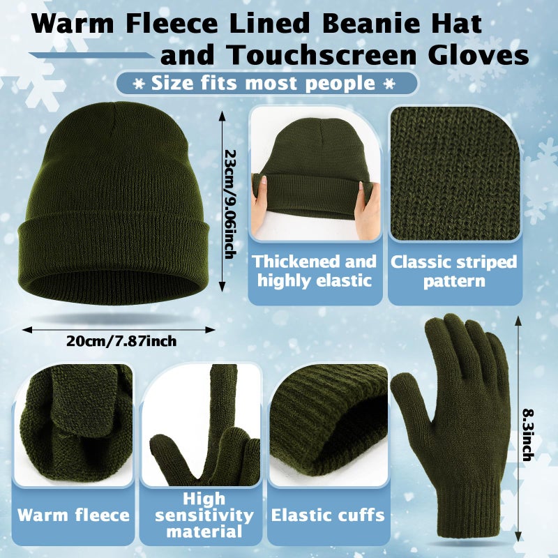 Breathffy 4 Pcs Winter Hat Scarf Gloves Headband Set Knit Beanie Touch Screen Gloves Long Scarf Valentine Gift for Women Men(Minimalist Style,Army Green) - Image 2