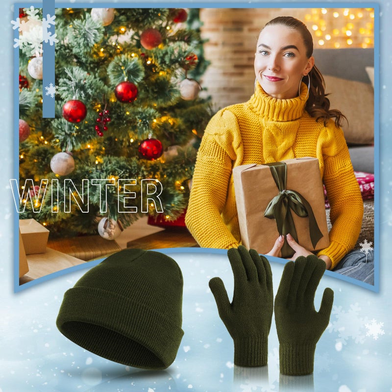 Breathffy 4 Pcs Winter Hat Scarf Gloves Headband Set Knit Beanie Touch Screen Gloves Long Scarf Valentine Gift for Women Men(Minimalist Style,Army Green) - Image 5