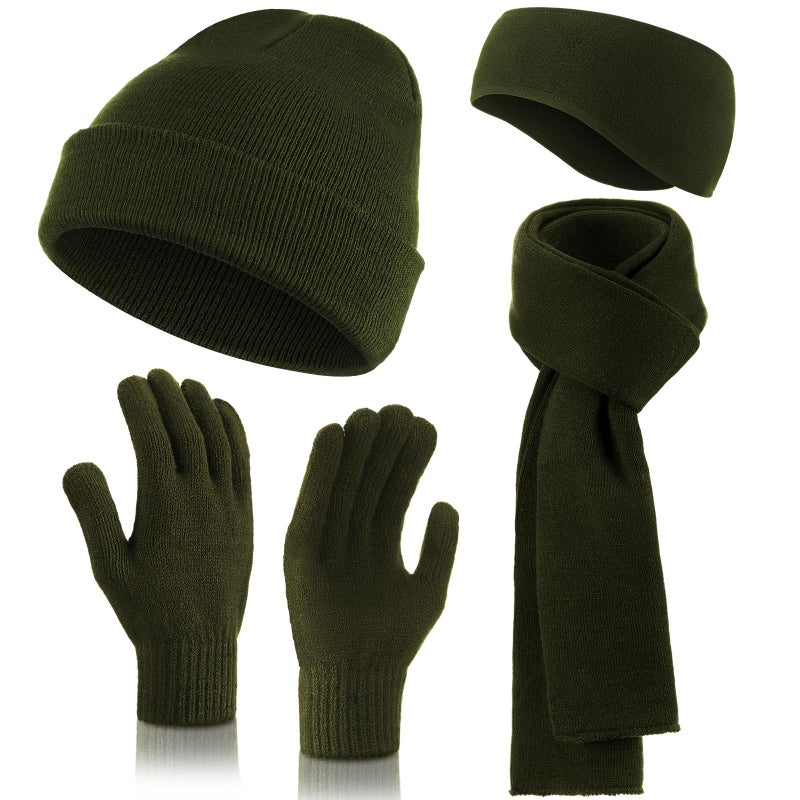 Breathffy 4 Pcs Winter Hat Scarf Gloves Headband Set Knit Beanie Touch Screen Gloves Long Scarf Valentine Gift for Women Men(Minimalist Style,Army Green) - Image 1