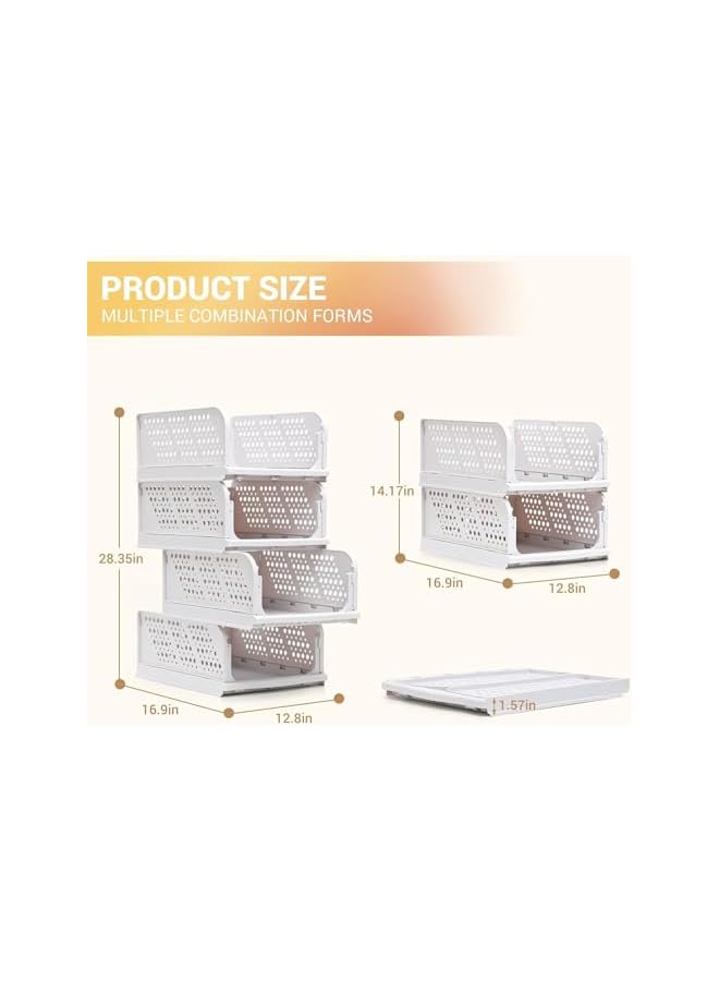 Green Tiger Stackable Plastic Storage Basket, 4-Pack Large Folding Wardrobe Storage Box with Pull Out Drawer Dividers, Foldable Closet Organizer for Home Office Bedroom Laundry Clothes Toys - Image 2