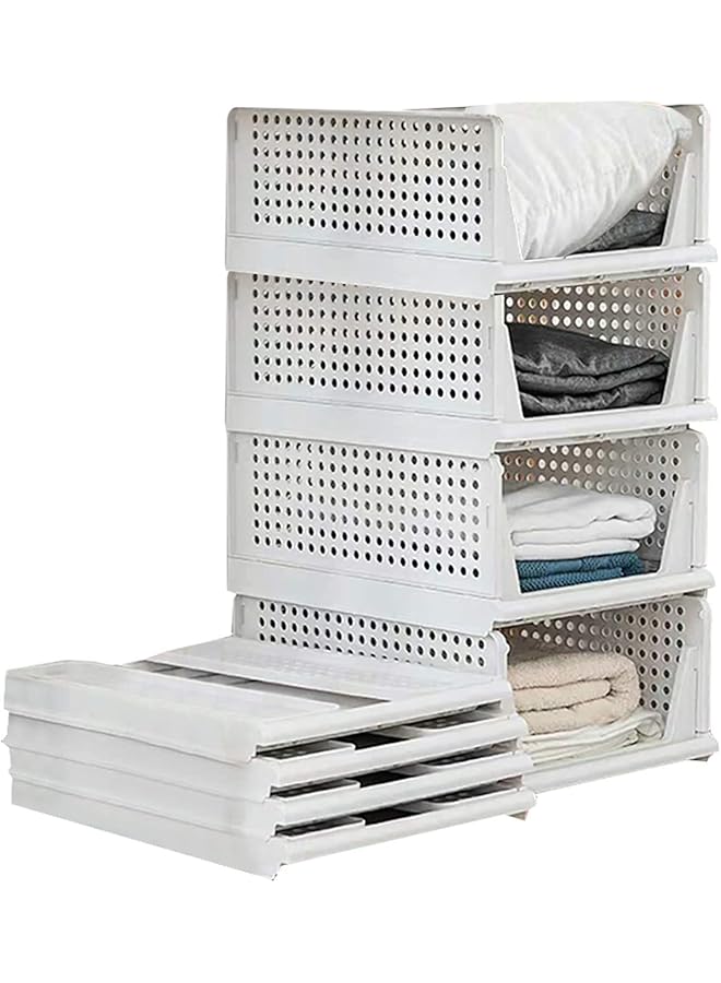 Green Tiger Stackable Plastic Storage Basket, 4-Pack Large Folding Wardrobe Storage Box with Pull Out Drawer Dividers, Foldable Closet Organizer for Home Office Bedroom Laundry Clothes Toys - Image 1