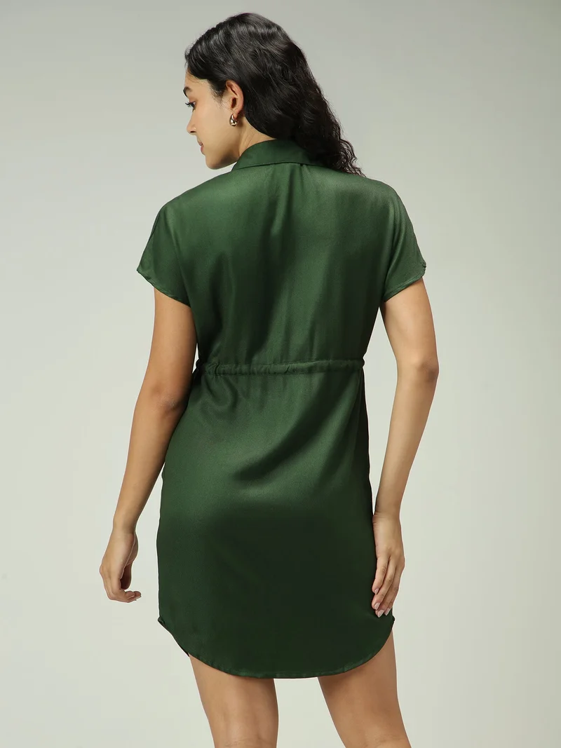 Outzidr Olive Olive Shirt Dress With Elasticated Waist for Women | Best Price UAE