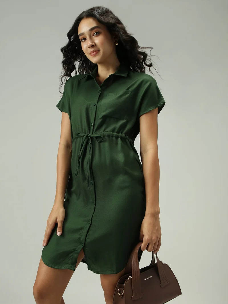 Outzidr Olive Olive Shirt Dress With Elasticated Waist for Women | Best Price UAE