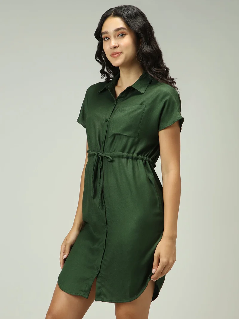 Outzidr Olive Olive Shirt Dress With Elasticated Waist for Women | Best Price UAE