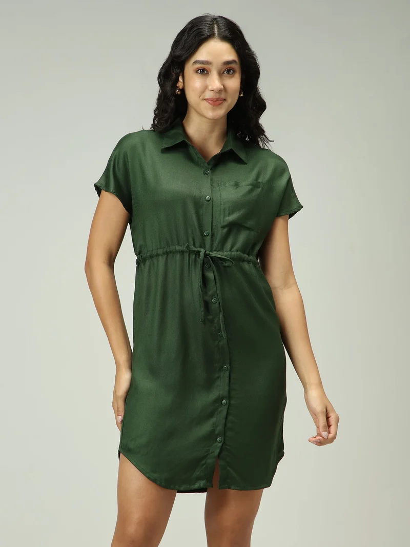 Outzidr Olive Olive Shirt Dress With Elasticated Waist for Women | Best Price UAE