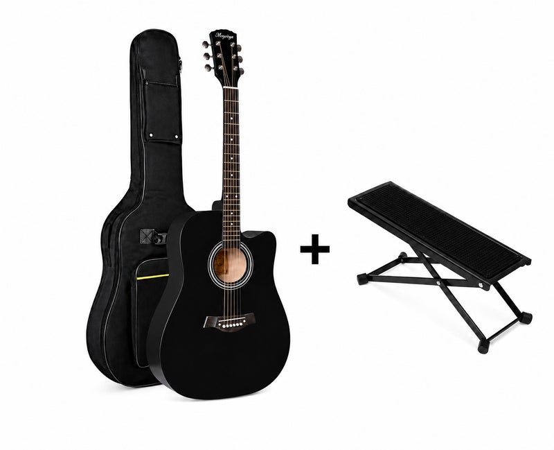 Megarya 38 Inch Black Cutaway Acoustic Guitar with Premium Guitar Carry Bag & Adjustable Foldable Guitar Footrest | Steel String Acoustic Guitar for Beginners | Beginner Guitar Starter Kit | Right Handed Guitar for Kids, Teens & Adults | Portable Acoustic Musical Instrument | Guitar Combo for Students, Schools & Home Practice - Image 1