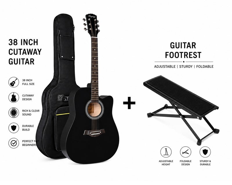 Megarya 38 Inch Black Cutaway Acoustic Guitar with Premium Guitar Carry Bag & Adjustable Foldable Guitar Footrest | Steel String Acoustic Guitar for Beginners | Beginner Guitar Starter Kit | Right Handed Guitar for Kids, Teens & Adults | Portable Acoustic Musical Instrument | Guitar Combo for Students, Schools & Home Practice - Image 2