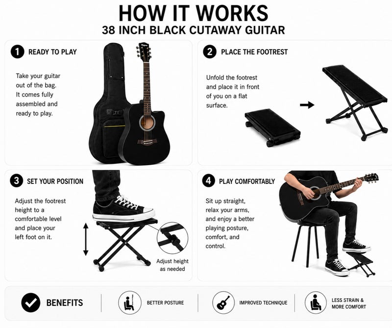 Megarya 38 Inch Black Cutaway Acoustic Guitar with Premium Guitar Carry Bag & Adjustable Foldable Guitar Footrest | Steel String Acoustic Guitar for Beginners | Beginner Guitar Starter Kit | Right Handed Guitar for Kids, Teens & Adults | Portable Acoustic Musical Instrument | Guitar Combo for Students, Schools & Home Practice - Image 4