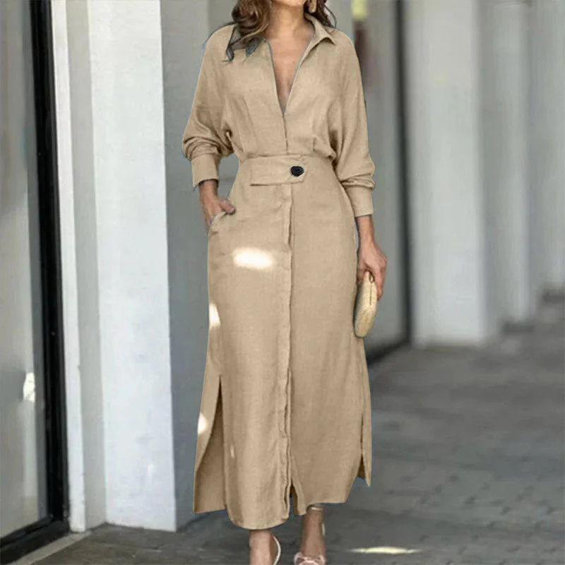 OUTZIDR Beige Shirt Dress With Side Slit