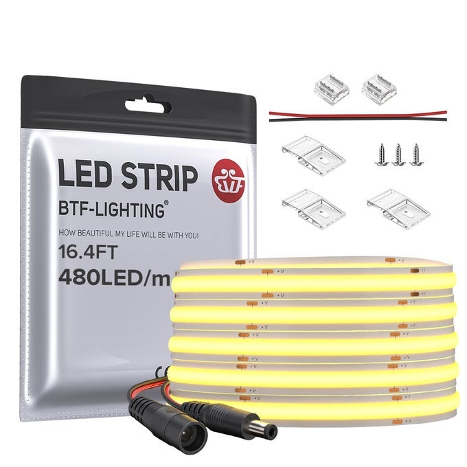 FCOB COB LED STRIP FLEXIBLE HIGH DENSITY UNIFORM LIGHT 9WM 164FT DC24V DAYLIGHT WHITE 6000K CRI 90 8MM WIDTH DIMMABLE LED RIBBON FOR INDOOR DECORNO ADAPTER OR CONTROLLER