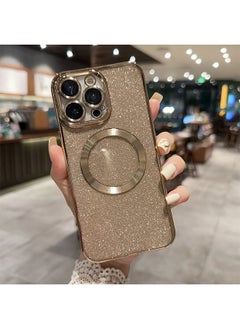iPhone 15 Pro Max Case with Camera Lens Protector, Glitter Protective Case Compatible with Wireless Charging, Bling Plating Shockproof Protective Cover iPhone 15 Pro Max Case for Women & Men - Gold