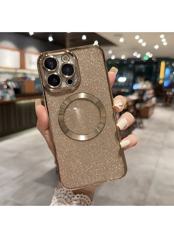 Generic - iPhone 15 Pro Max Case with Camera Lens Protector, Glitter Protective Case Compatible with Wireless Charging, Bling Plating Shockproof Protective Cover iPhone 15 Pro Max Case for Women & Men - Gold - Image 1