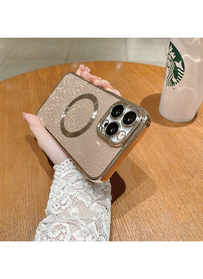 Generic - iPhone 15 Pro Max Case with Camera Lens Protector, Glitter Protective Case Compatible with Wireless Charging, Bling Plating Shockproof Protective Cover iPhone 15 Pro Max Case for Women & Men - Gold - Image 1