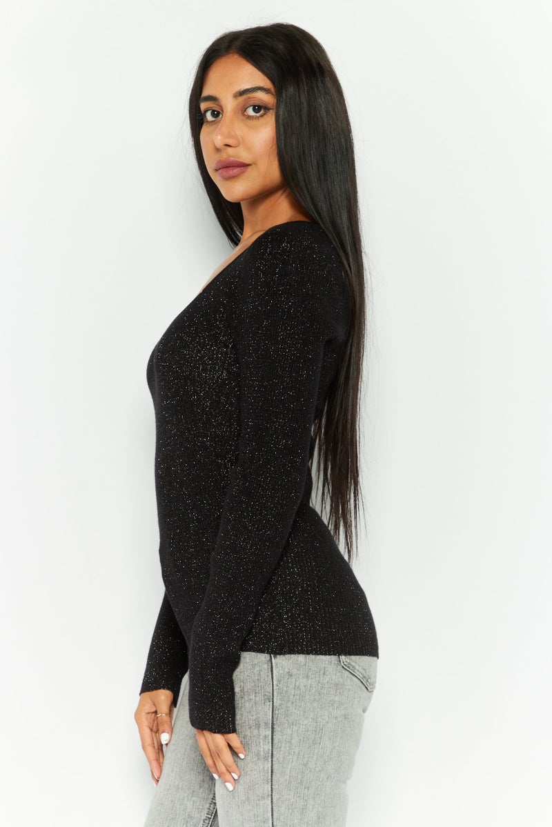 DEX سويت شيرت معدني بكم طويل على شكل حرف V للنساء، أسود - Image 3