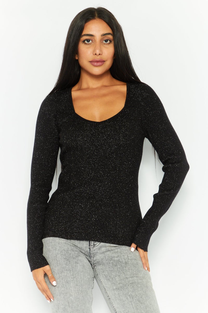 DEX سويت شيرت معدني بكم طويل على شكل حرف V للنساء، أسود - Image 1