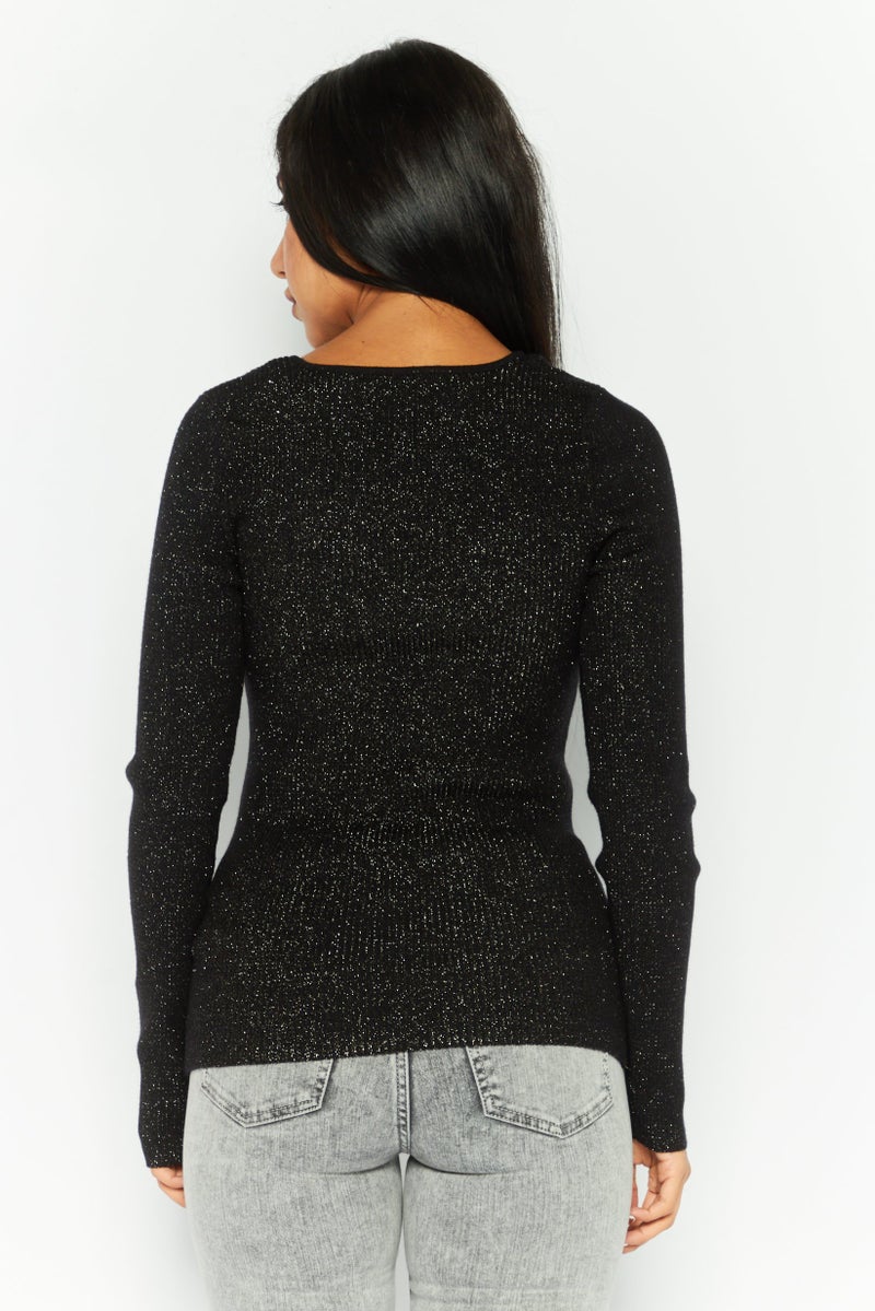 DEX سويت شيرت معدني بكم طويل على شكل حرف V للنساء، أسود - Image 4