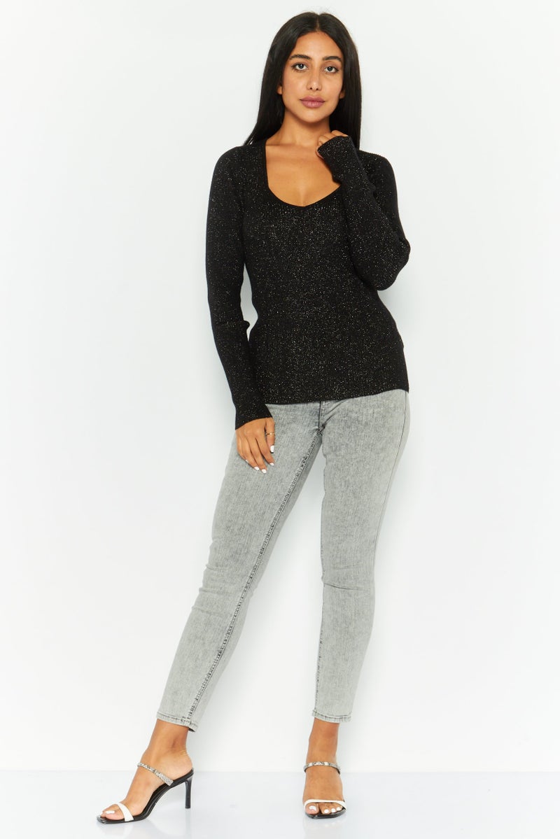 DEX Women V-Neck Long Sleeves Metallic Sweater, Black - Image 2